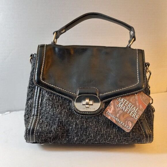 NWT Tignanello Signature Tweed Top Handle Black w/ Top Stitching Cottagecore - Picture 1 of 11